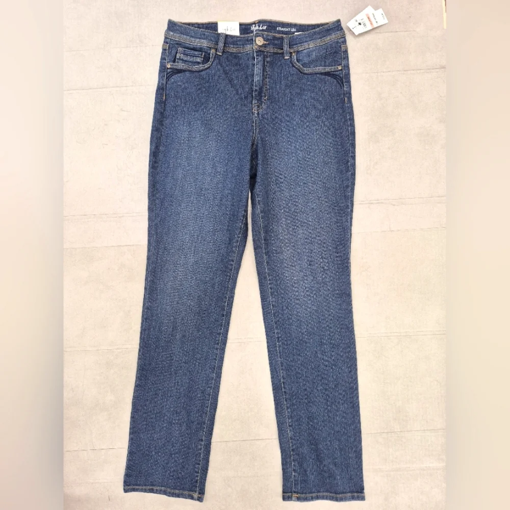 Style & Co Core jeans women's 12 Long dark wash rail straight stretchy high rise - Picture 1 of 16
